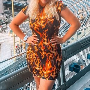 Flame Print Black Mesh Mini Dress